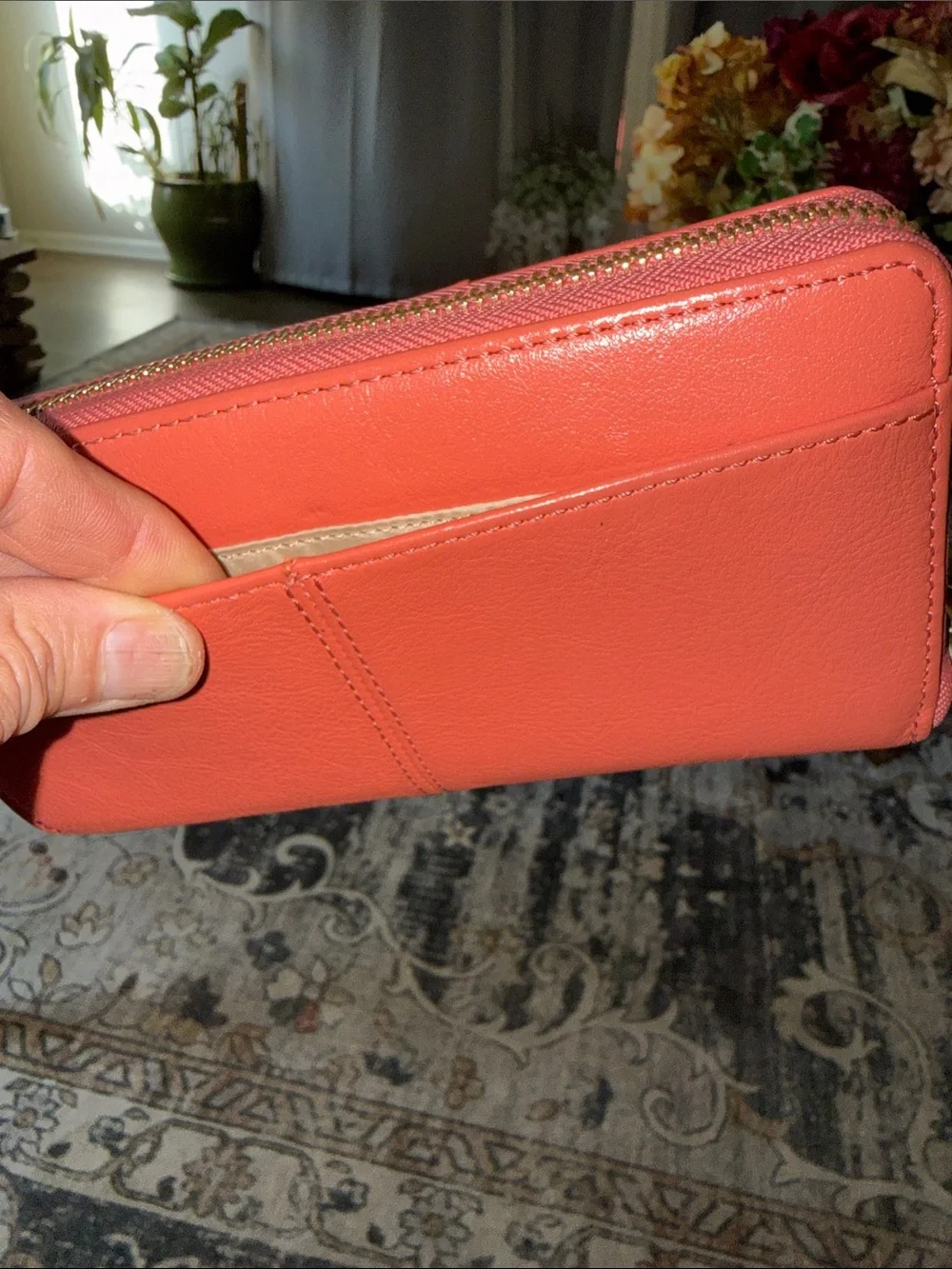 Coach Coral Zip-Around Leather Wallet with Gold Logo